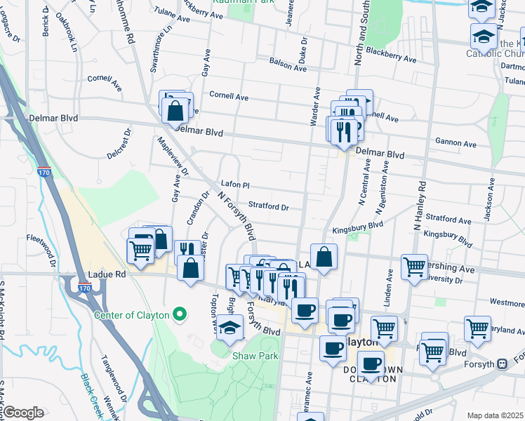 map of restaurants, bars, coffee shops, grocery stores, and more near 320 North Forsyth Boulevard in Clayton