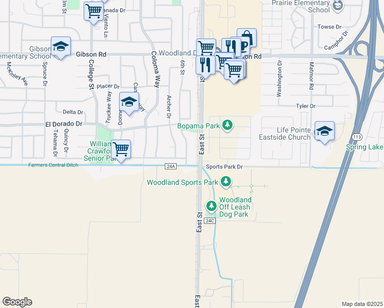 map of restaurants, bars, coffee shops, grocery stores, and more near 1730 6th Street in Woodland