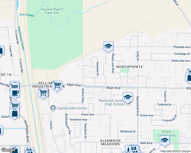 map of restaurants, bars, coffee shops, grocery stores, and more near 243 Sumatra Dr in Sacramento