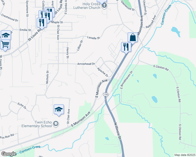 map of restaurants, bars, coffee shops, grocery stores, and more near 808 Braidwood in Collinsville