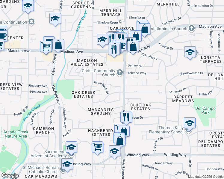 map of restaurants, bars, coffee shops, grocery stores, and more near 5817 Muldrow Road in Sacramento