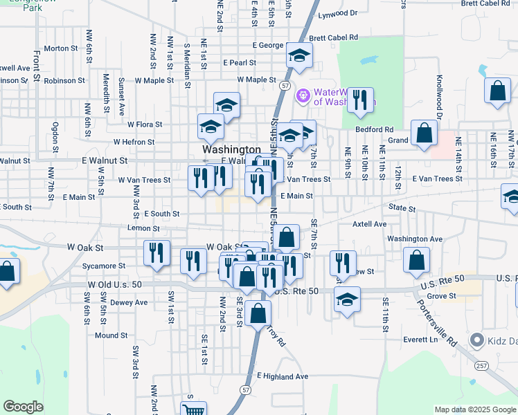 map of restaurants, bars, coffee shops, grocery stores, and more near 98 SE 4th St in Washington
