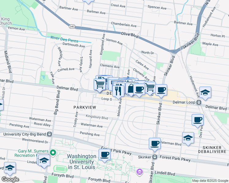 map of restaurants, bars, coffee shops, grocery stores, and more near 605 Leland Avenue in University City