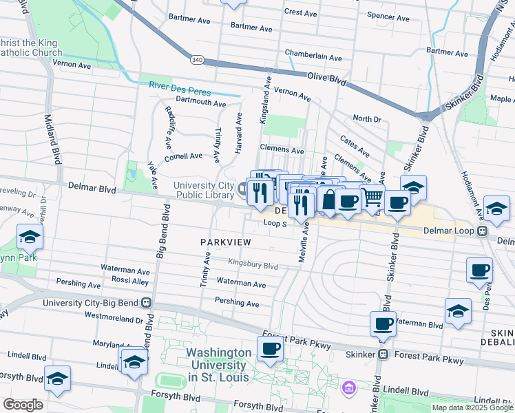map of restaurants, bars, coffee shops, grocery stores, and more near 647 Kingsland Avenue in University City