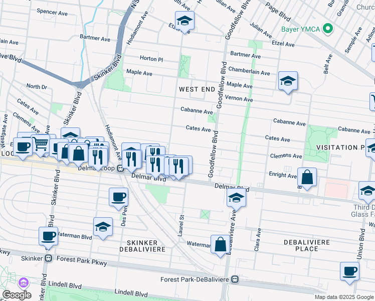 map of restaurants, bars, coffee shops, grocery stores, and more near 5842 Clemens Avenue in St. Louis