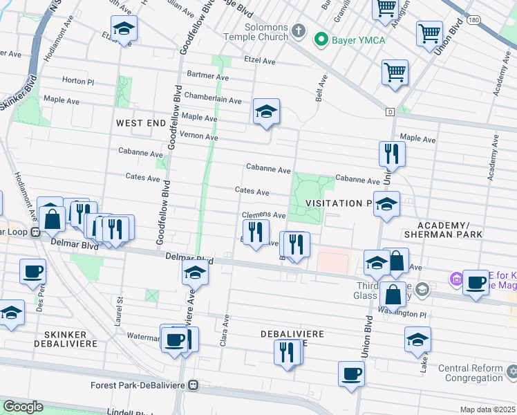 map of restaurants, bars, coffee shops, grocery stores, and more near 5551 Clemens Avenue in St. Louis