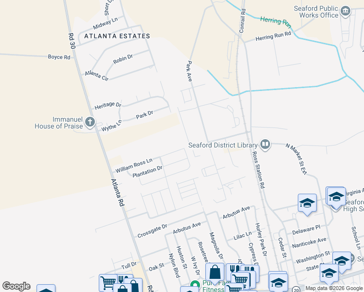 map of restaurants, bars, coffee shops, grocery stores, and more near 217 William Ross Lane in Seaford