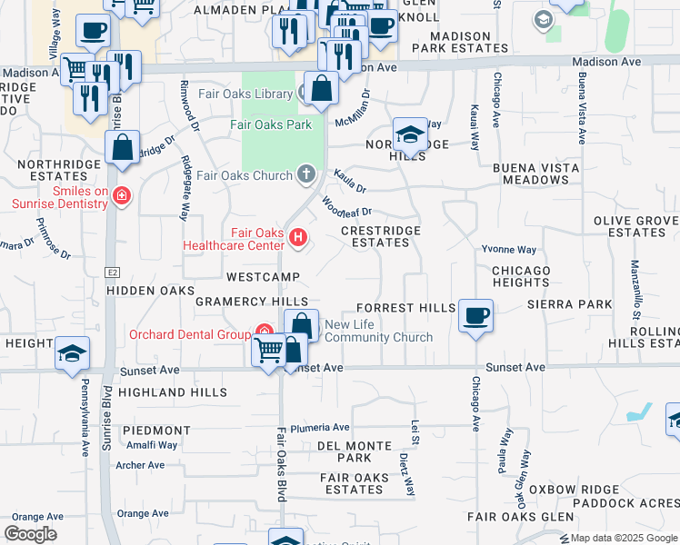 map of restaurants, bars, coffee shops, grocery stores, and more near 8101 Rockfield Court in Fair Oaks