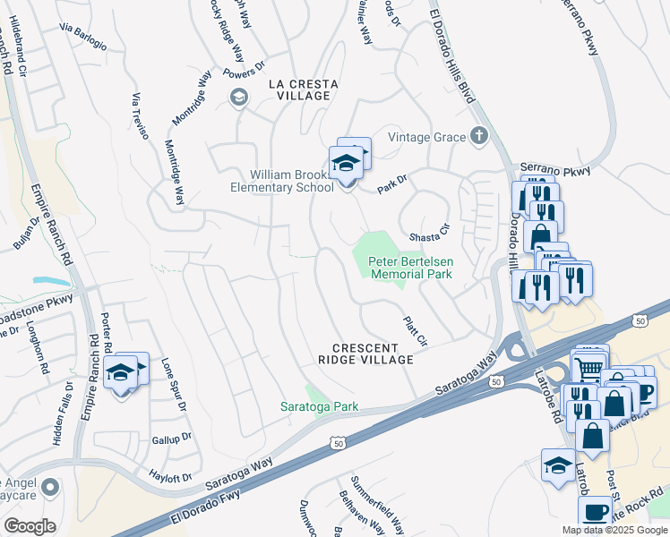 map of restaurants, bars, coffee shops, grocery stores, and more near 556 Platt Circle in El Dorado Hills