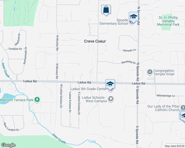 map of restaurants, bars, coffee shops, grocery stores, and more near 116 Executive Estates Drive in Creve Coeur