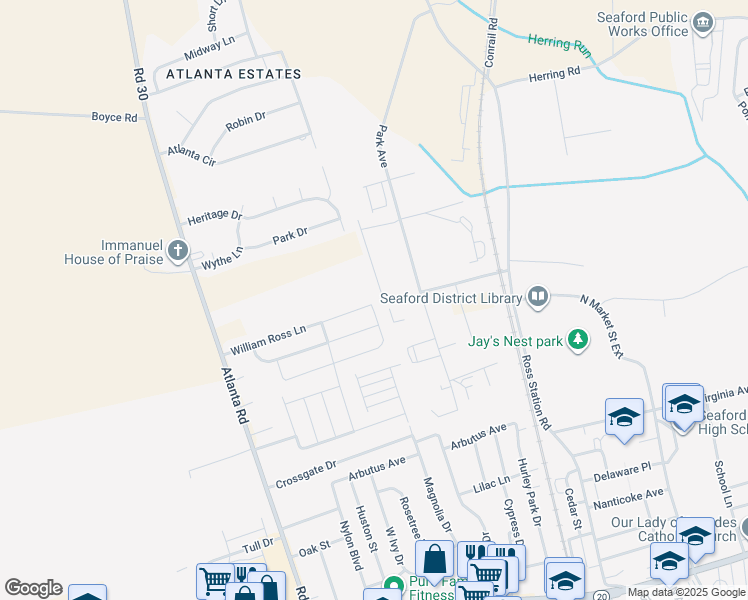 map of restaurants, bars, coffee shops, grocery stores, and more near 217 William Ross Lane in Seaford