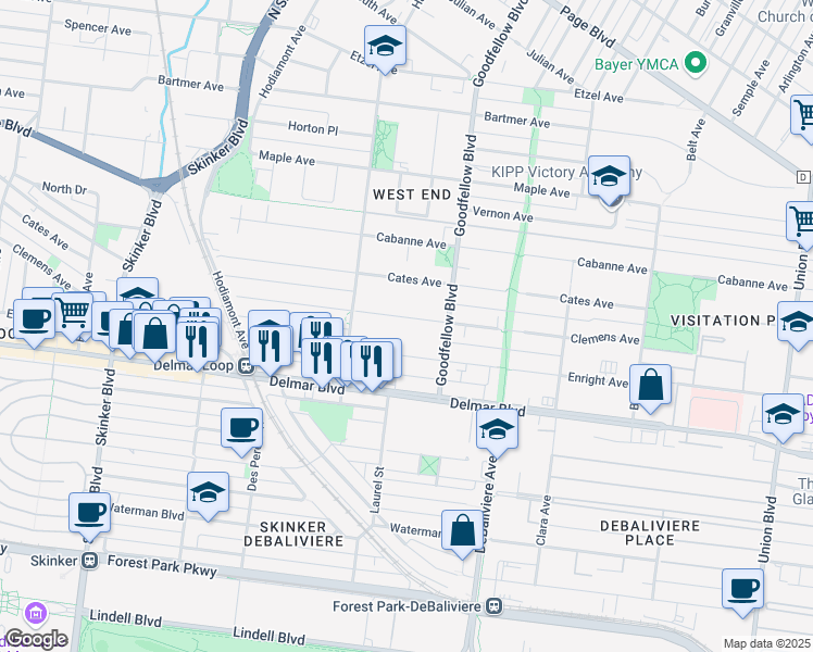map of restaurants, bars, coffee shops, grocery stores, and more near 5842 Clemens Avenue in St. Louis