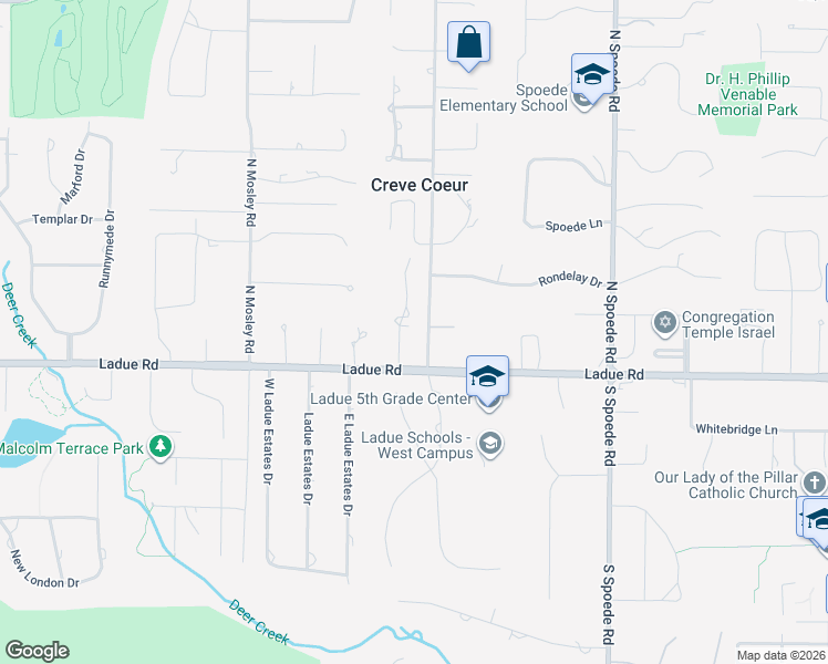 map of restaurants, bars, coffee shops, grocery stores, and more near 116 Executive Estates Drive in Creve Coeur