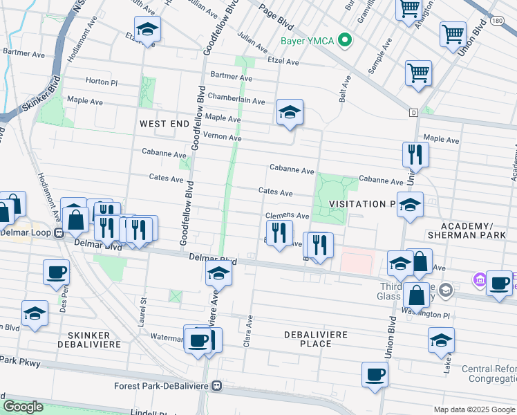 map of restaurants, bars, coffee shops, grocery stores, and more near 5603 Clemens Place in St. Louis