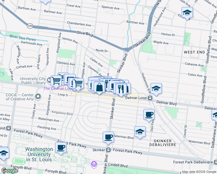 map of restaurants, bars, coffee shops, grocery stores, and more near 626 Eastgate Avenue in St. Louis