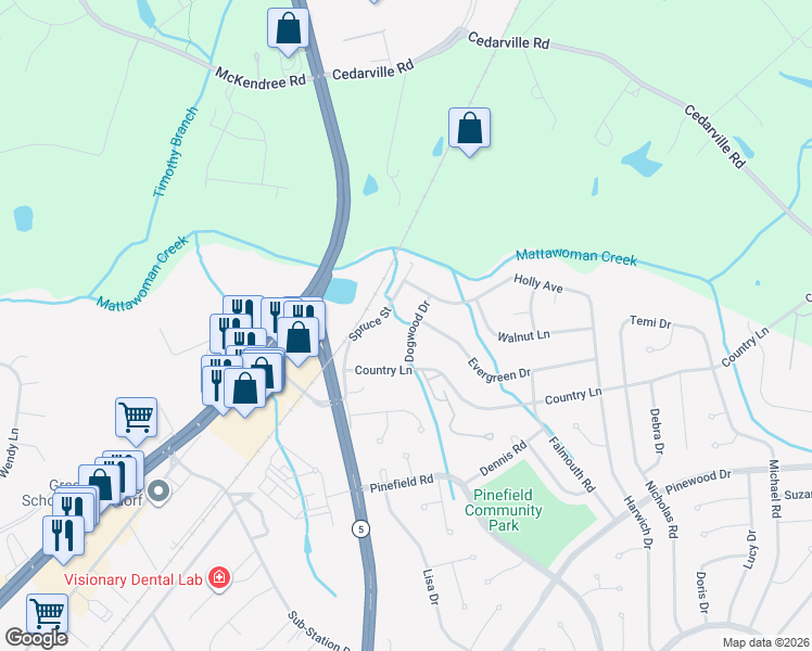 map of restaurants, bars, coffee shops, grocery stores, and more near 2007 Dogwood Drive in Waldorf
