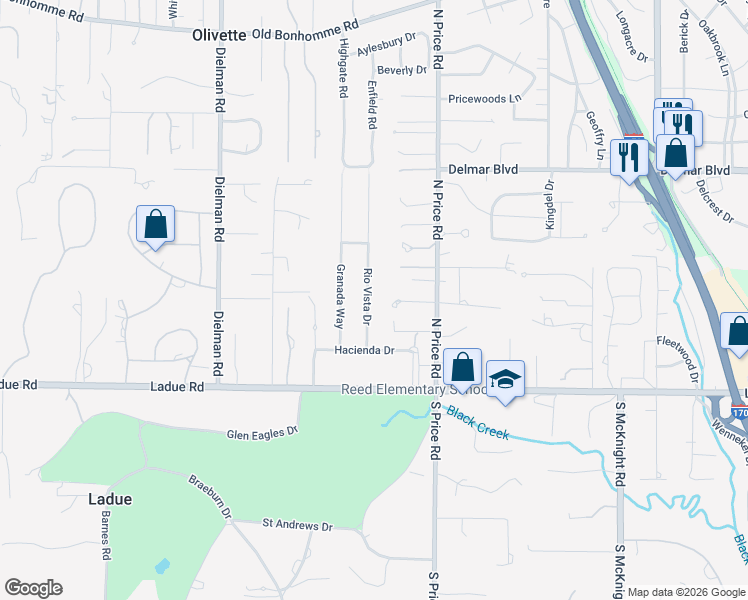 map of restaurants, bars, coffee shops, grocery stores, and more near 10 Rio Vista Drive in St. Louis
