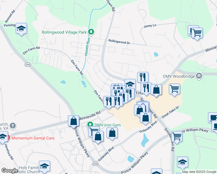 map of restaurants, bars, coffee shops, grocery stores, and more near 3429 Belfry Lane in Woodbridge
