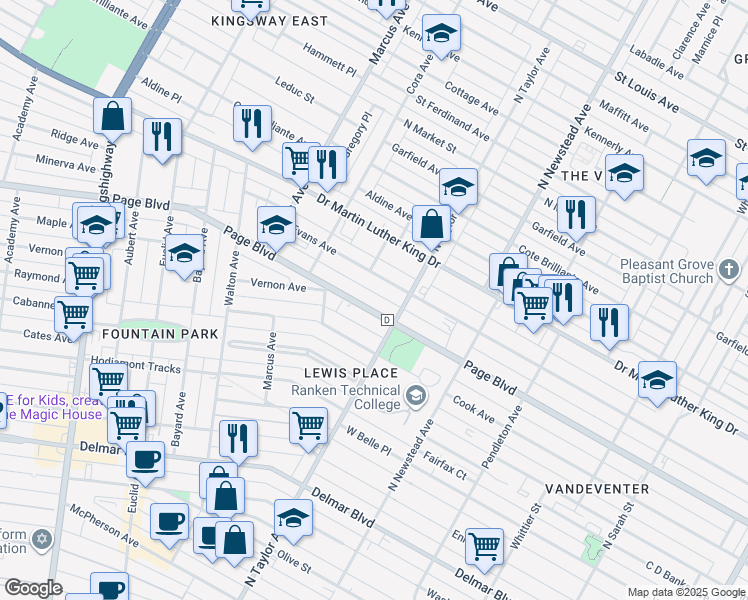 map of restaurants, bars, coffee shops, grocery stores, and more near 4535 Page Boulevard in St. Louis