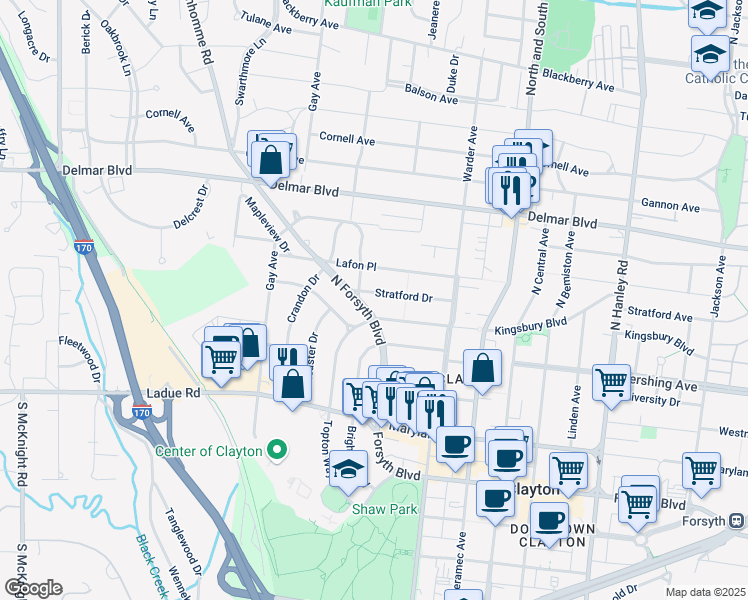 map of restaurants, bars, coffee shops, grocery stores, and more near 320 North Forsyth Boulevard in Clayton