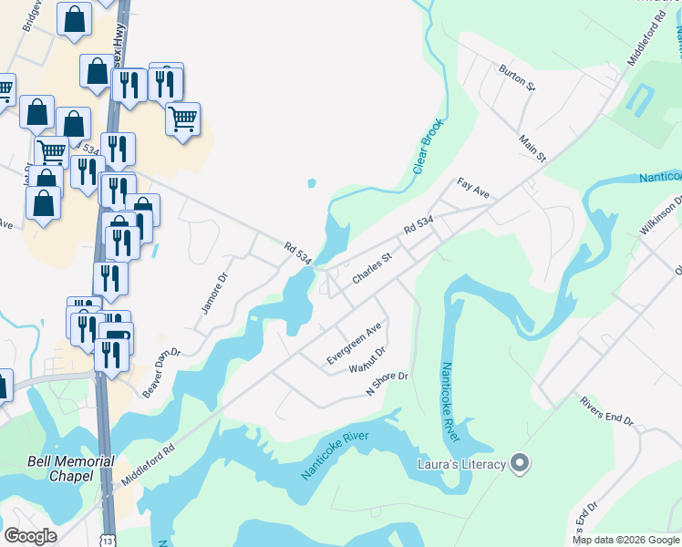 map of restaurants, bars, coffee shops, grocery stores, and more near 9556 Tharp Road in Seaford