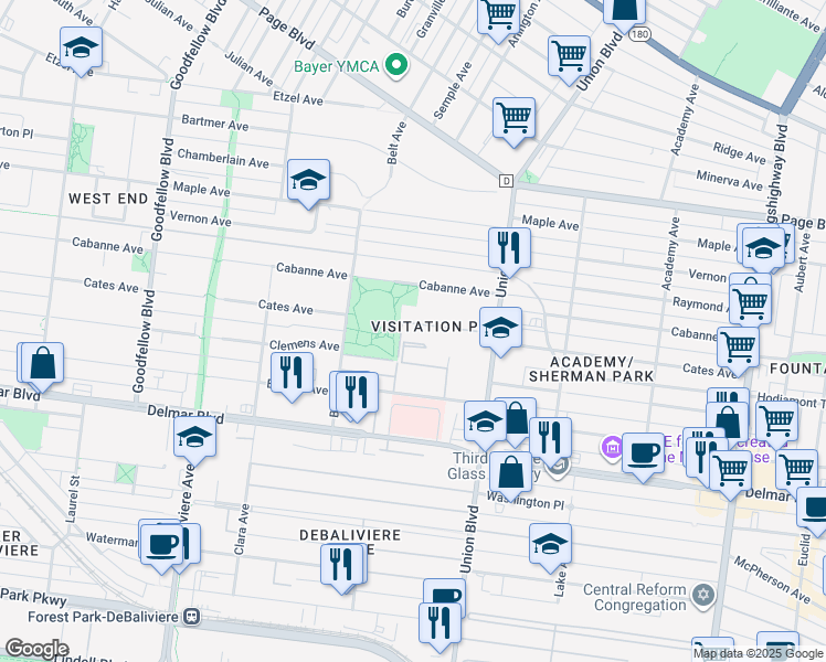 map of restaurants, bars, coffee shops, grocery stores, and more near 28 Windermere Place in St. Louis