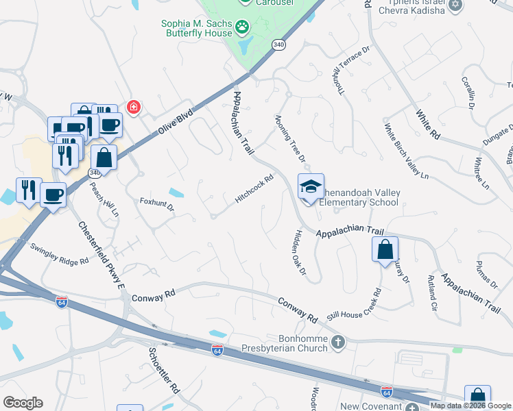 map of restaurants, bars, coffee shops, grocery stores, and more near 1112 Richland Drive in Chesterfield