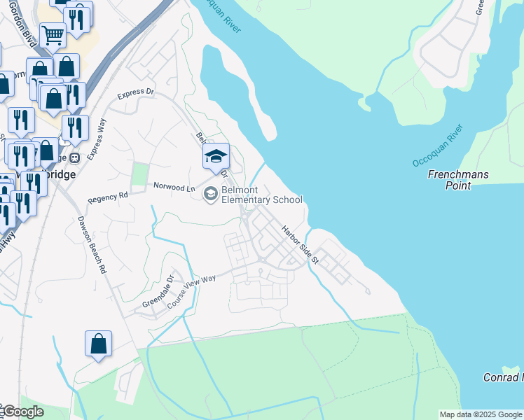 map of restaurants, bars, coffee shops, grocery stores, and more near 735 Harbor Side Street in Woodbridge