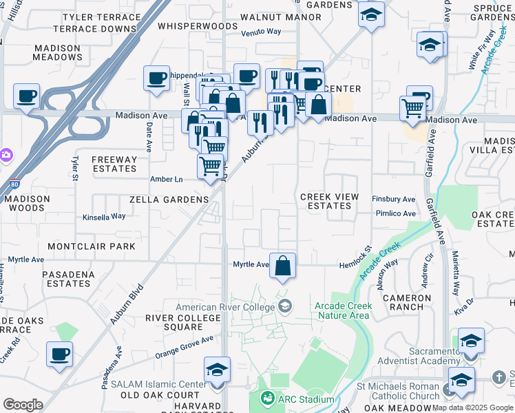 map of restaurants, bars, coffee shops, grocery stores, and more near 4950 Saddlerock Way in Sacramento