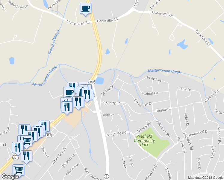 map of restaurants, bars, coffee shops, grocery stores, and more near 1004 Spruce Street in Waldorf
