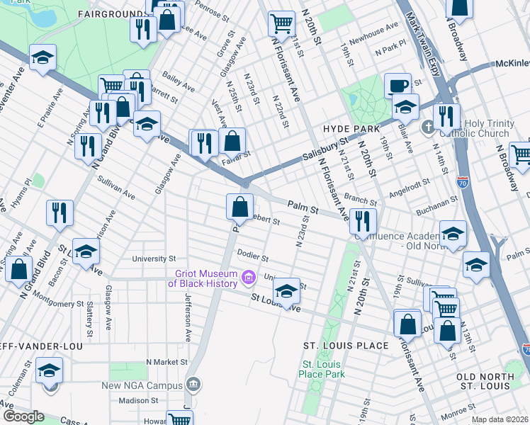 map of restaurants, bars, coffee shops, grocery stores, and more near 3507 North 25th Street in St. Louis