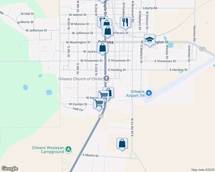 map of restaurants, bars, coffee shops, grocery stores, and more near 686 South Maple Street in Orleans