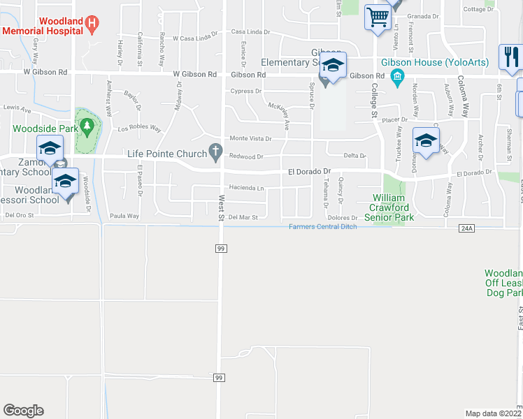map of restaurants, bars, coffee shops, grocery stores, and more near 1744 Del Rey Street in Woodland