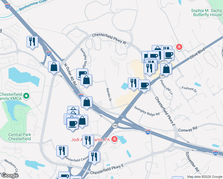 map of restaurants, bars, coffee shops, grocery stores, and more near 844 Nardin Road in Chesterfield
