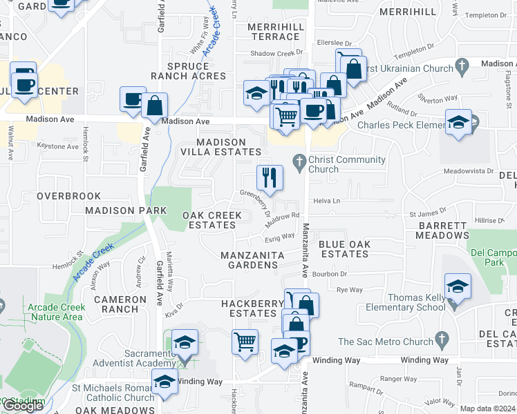 map of restaurants, bars, coffee shops, grocery stores, and more near 5107 Greenberry Drive in Sacramento
