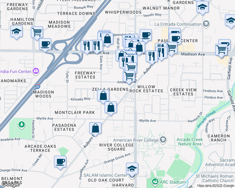 map of restaurants, bars, coffee shops, grocery stores, and more near 4815 Auburn Boulevard in Sacramento