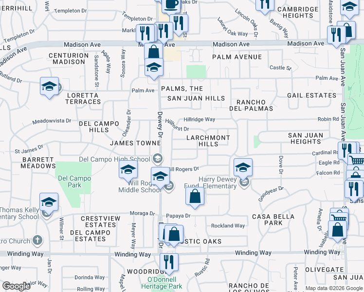map of restaurants, bars, coffee shops, grocery stores, and more near 6713 Hillglen Way in Fair Oaks
