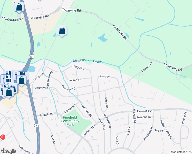 map of restaurants, bars, coffee shops, grocery stores, and more near 1714 Temi Drive in Waldorf