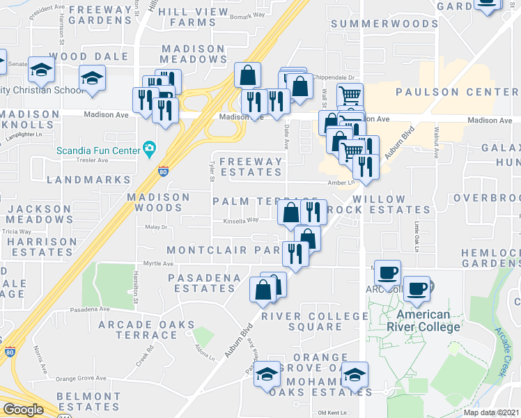 map of restaurants, bars, coffee shops, grocery stores, and more near 4918 Lavelle Way in Sacramento