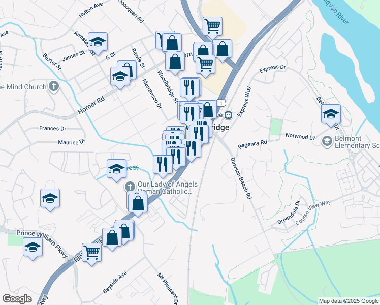 map of restaurants, bars, coffee shops, grocery stores, and more near 13616 Jefferson Davis Hwy in Woodbridge
