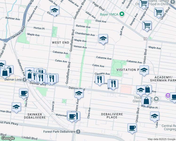 map of restaurants, bars, coffee shops, grocery stores, and more near 5647 Clemens Avenue in St. Louis