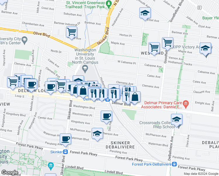 map of restaurants, bars, coffee shops, grocery stores, and more near 6031 Enright Avenue in St. Louis