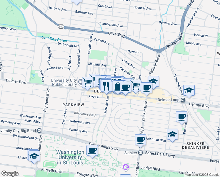 map of restaurants, bars, coffee shops, grocery stores, and more near in St. Louis