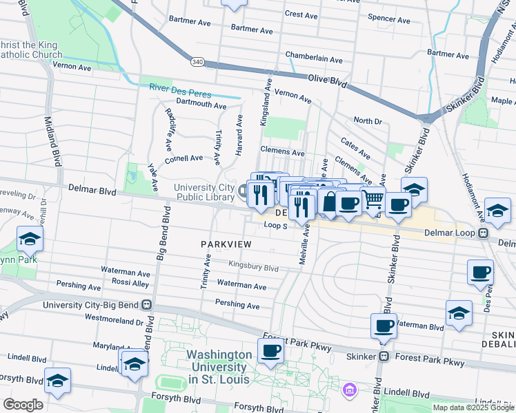 map of restaurants, bars, coffee shops, grocery stores, and more near 647 Kingsland Avenue in University City
