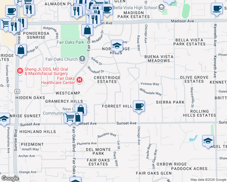 map of restaurants, bars, coffee shops, grocery stores, and more near 4933 Forrestal Street in Fair Oaks