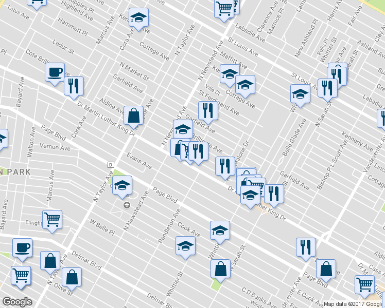 map of restaurants, bars, coffee shops, grocery stores, and more near 1519 Billups Avenue in St. Louis