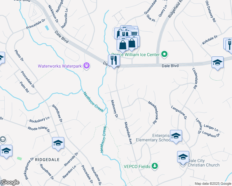 map of restaurants, bars, coffee shops, grocery stores, and more near 5351 Macwood Drive in Woodbridge