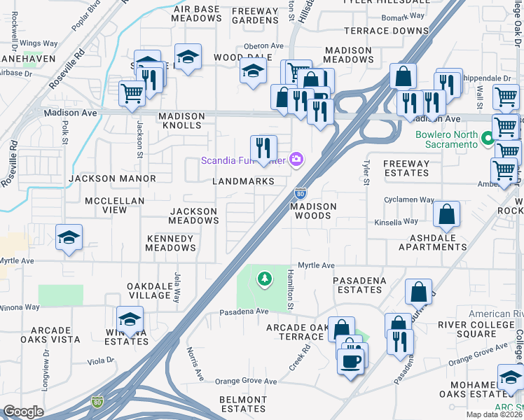 map of restaurants, bars, coffee shops, grocery stores, and more near 5033 Williamsburg Lane in North Highlands