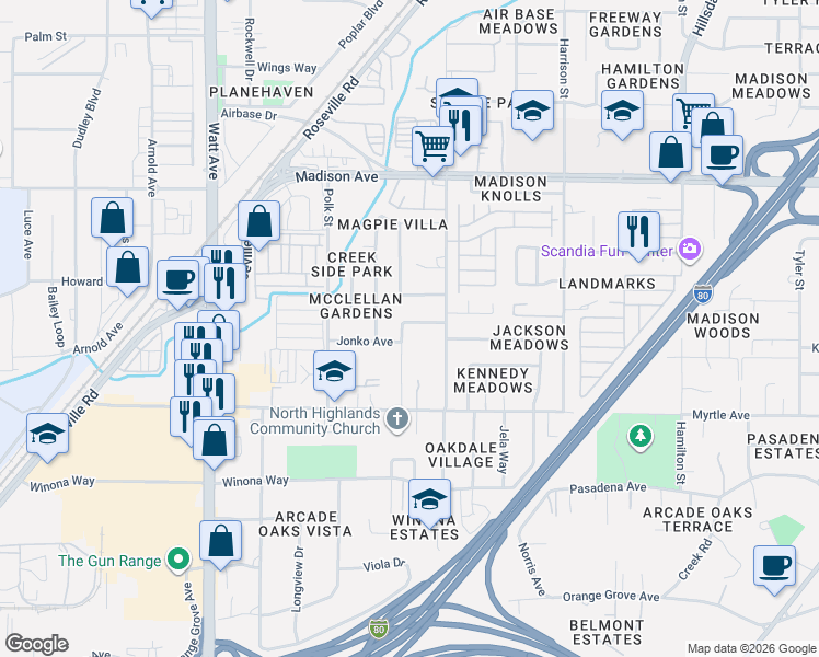 map of restaurants, bars, coffee shops, grocery stores, and more near 4967 Jolana Lane in North Highlands