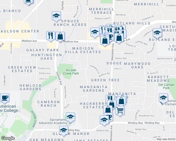 map of restaurants, bars, coffee shops, grocery stores, and more near 5153 Greenberry Drive in Sacramento